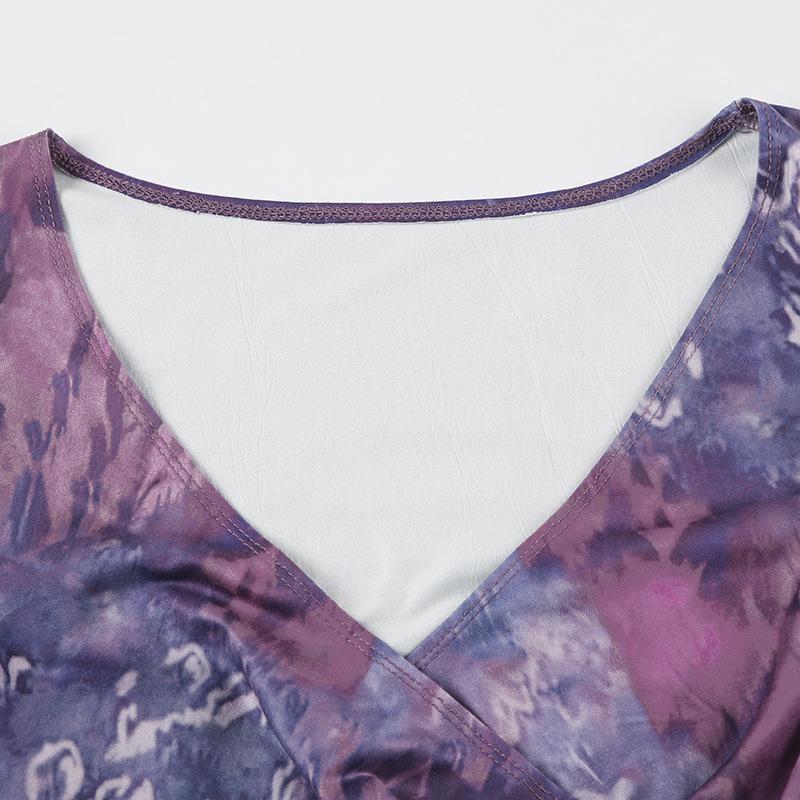 French Romantic Purple V-Neck Pleated Waist Retro Top with Long Sleeves