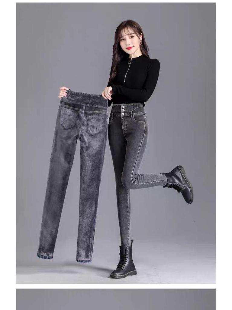 Women's High-Waisted Fleece-Lined Slimming Pencil Jeans - Autumn/Winter 2024 Straight-Leg Pants