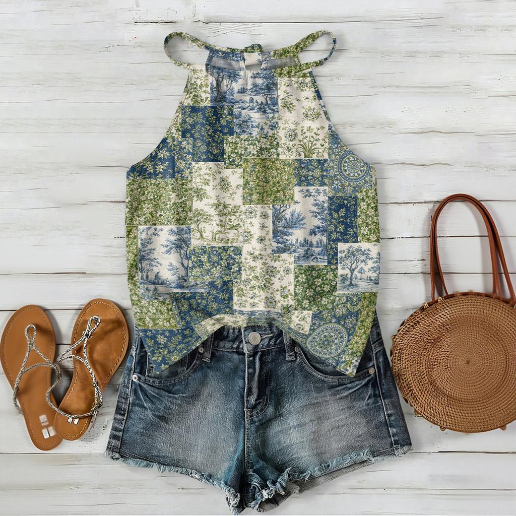 Damen ärmelloses Boho-Tanktop mit Blumendruck Verstellbarer Träger Lässige Sommerbluse Leicht Lockerer Schnitt