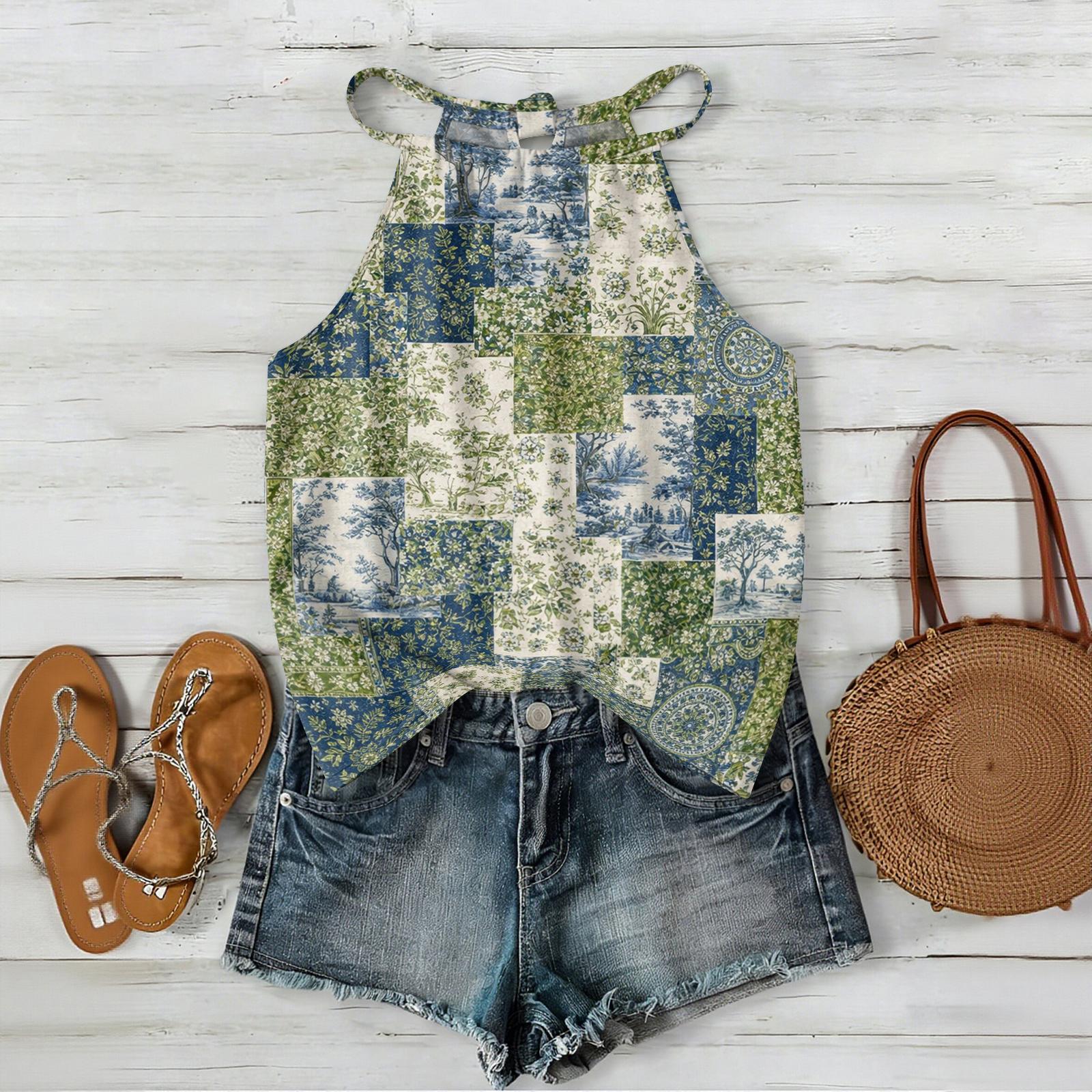 

Women Sleeveless Bohemian Floral Print Tank Top Adjustable Strap Casual Summer Blouse Lightweight Loose Fit S