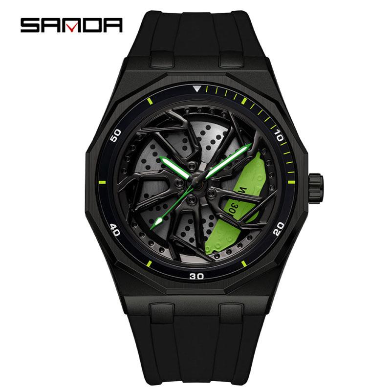 Sanda Men's Waterproof Alloy Car Wheel Design Silicone Wristwatch