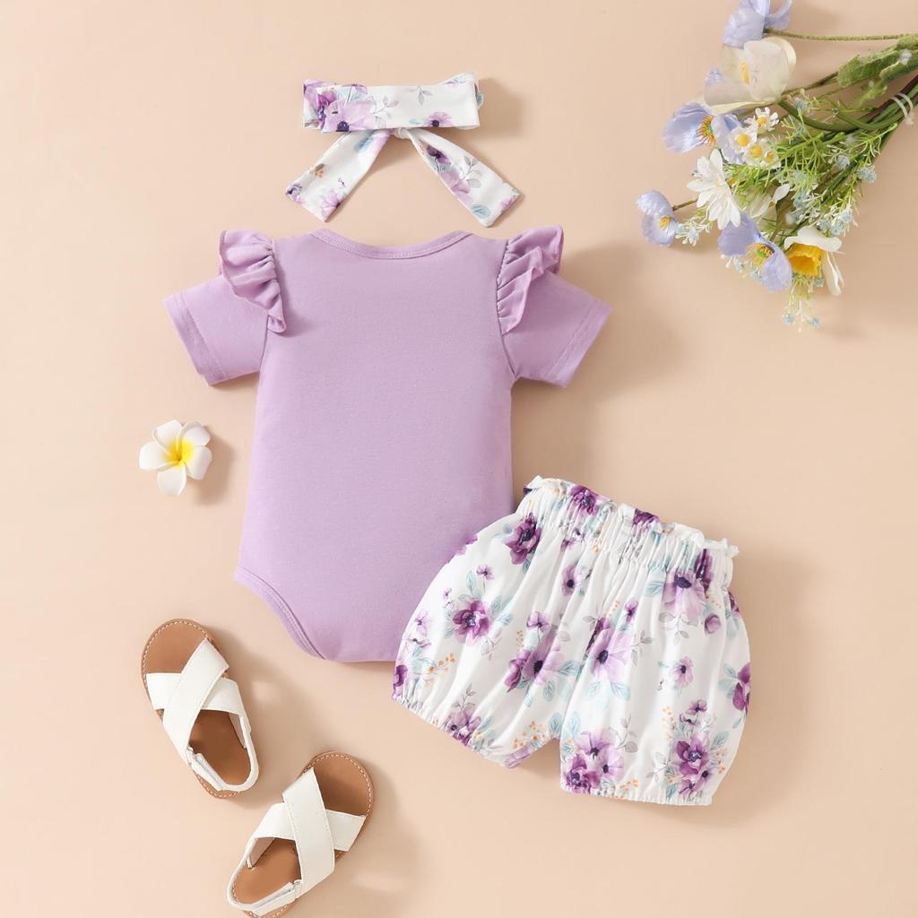 Summer Baby Girl Floral Outfit: Lettered Flutter Sleeve Bodysuit & Bowknot Flower Shorts Set