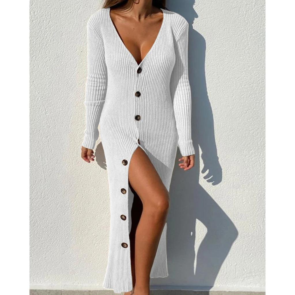 Plus Size Women's Casual Knit Threaded Button Long Sleeve Cardigan Dresses