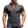 Men's Retro V-Neck Short Sleeve Shirt with Tie Front Casual Tee