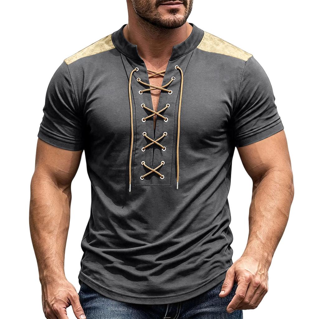 Men's Retro V-Neck Short Sleeve Shirt with Tie Front Casual Tee