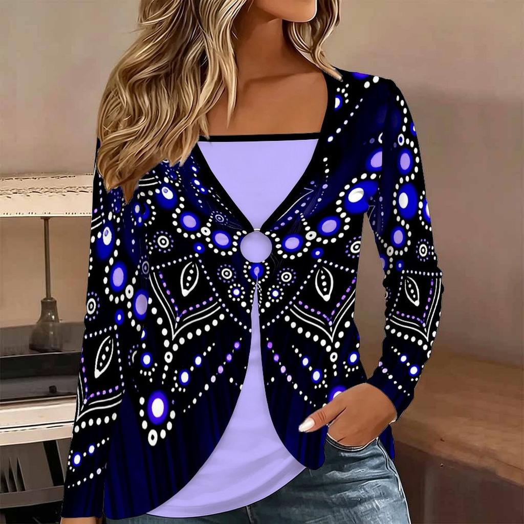 Tops for Women Simple Print Long Sleeve Fake Two‑Piece Top Fall Casual Slim Pullover Women's Long Sleeve Top