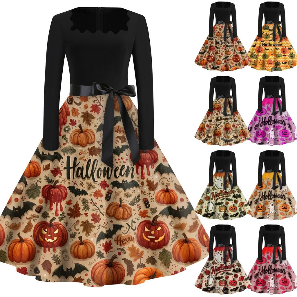 Halloween Print Flare Dress For Women Long Sleeve Dress Hollow Party Casual Dresses
