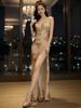 Elegant Women's Mesh Evening Dress - Sexy See-Through Spaghetti Strap Long Dress with Slit Fishtail Design for Nightclub.