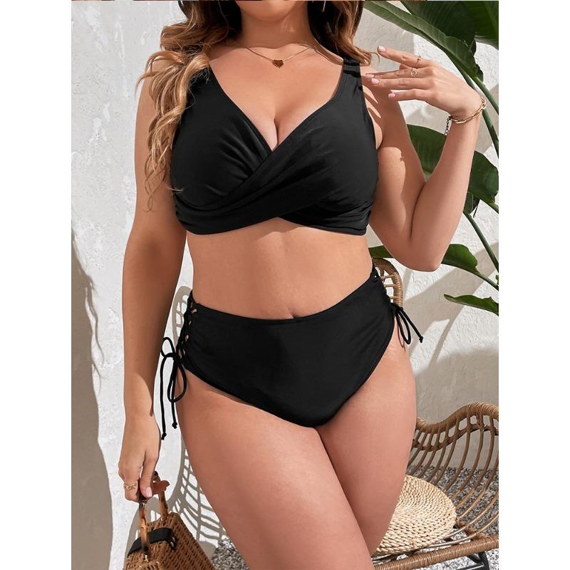 

European and American Plus Size Swimsuit Women s New Black Cross-strap High Waist Split Bikini Drawstring Hollow Big Chest Swimsuit 4XL чорний