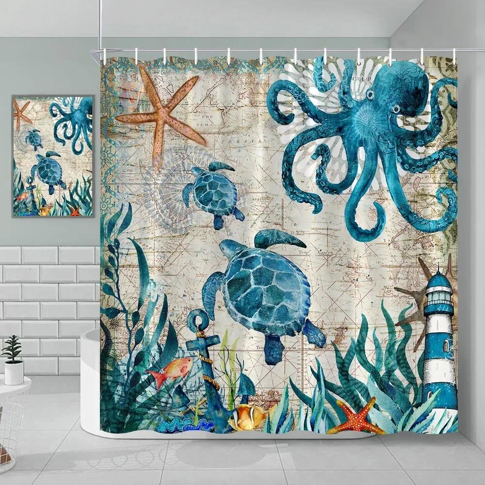 

Морская Зеленая Морская Черепаха Пляжная Тема Тканевая Занавеска для Душа Набор Ванная Комната Синий Океан Декор С Люверсами И Крючками W60H190(CM)-1 Pcs