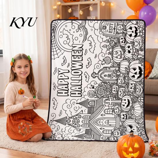 Creative Activity for Women Halloween DIY Coloring Blanket, Color Your Own Throw Blanket with Optional Art Therapy Gifts 24 Markers, Washable