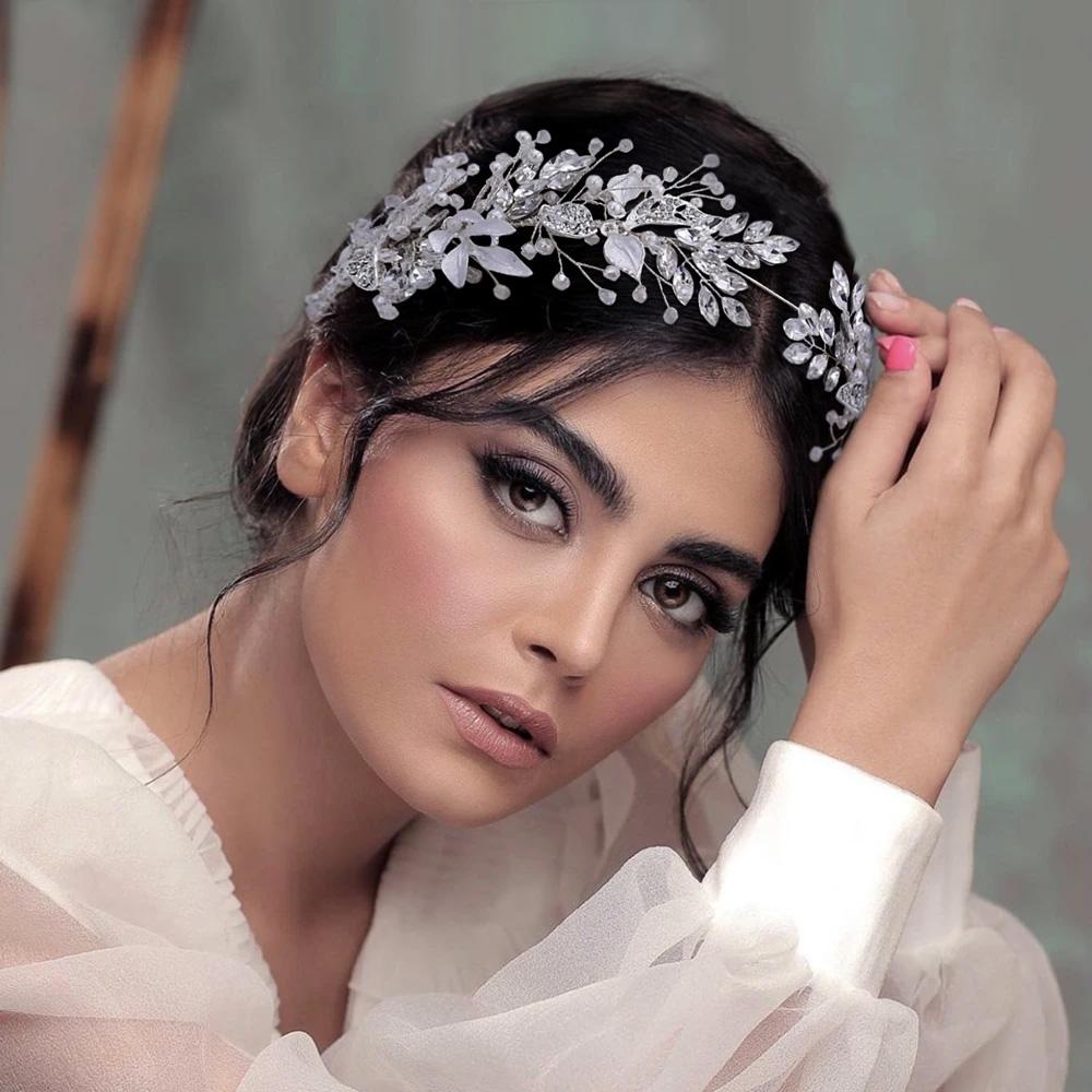 Bridal Hair Accessories Crystal Pearl Headband Tiara Rhinestone Leaf Headband Hairband for Women Elegant Princess Headwear
