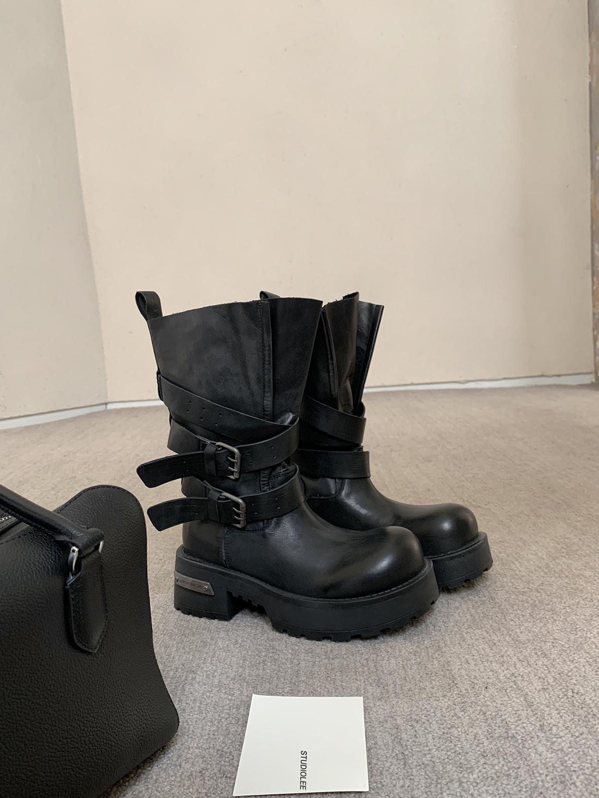 

Cowhide version! Grape ma same shoes increased by 6cm~ three-dimensional round head belt buckle thick sole thick heel knight boots women 40