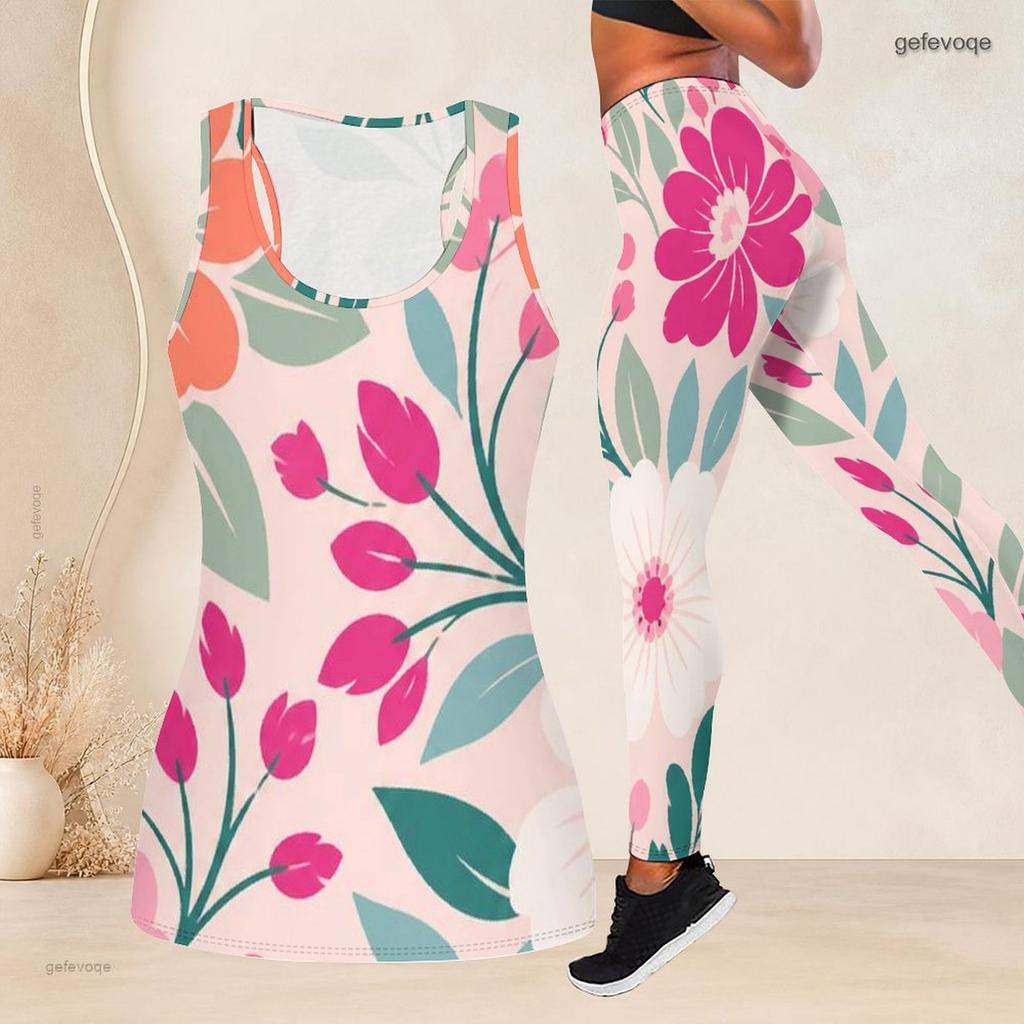 Women Plus Size Scoop Neck Sleeveless Floral Printed Tank Top And Fitted Pants Two Piece Set