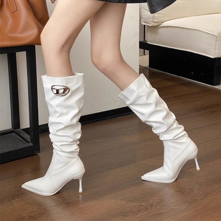 Pointed thin heel women's long boots 2025 autumn and winter new stacking boots but knee high heel boots children