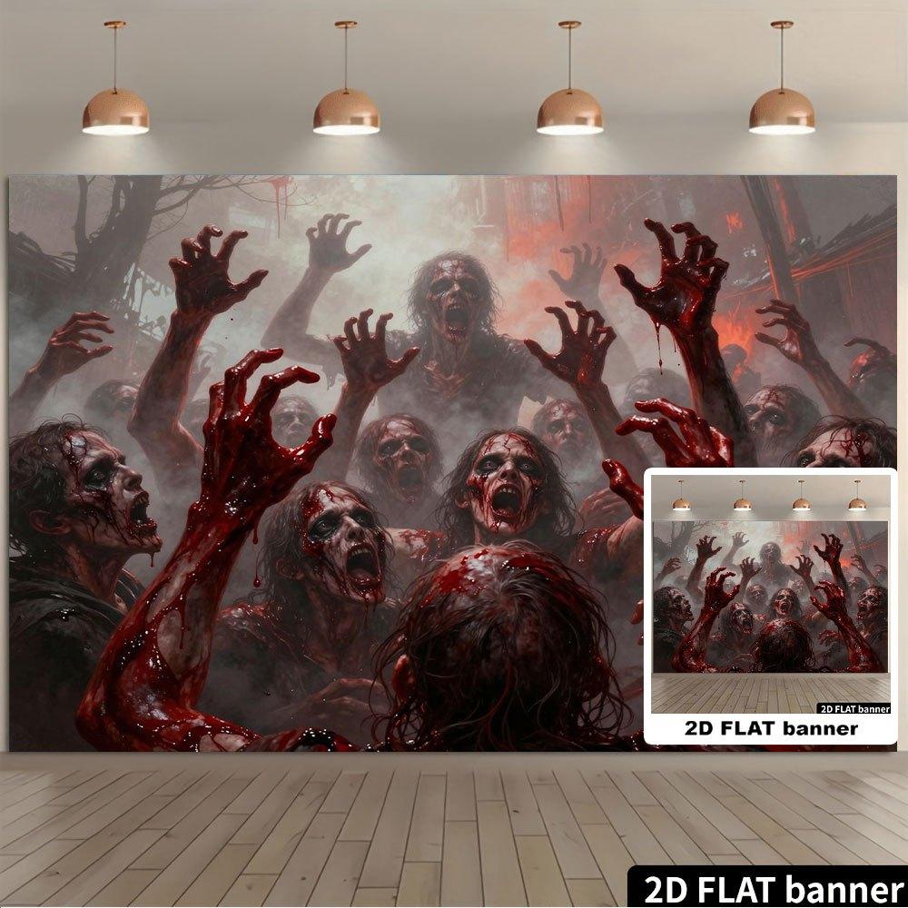 1 piece of 2D Flat Banner - Halloween banner featuring a group of zombies extending their bloody hands