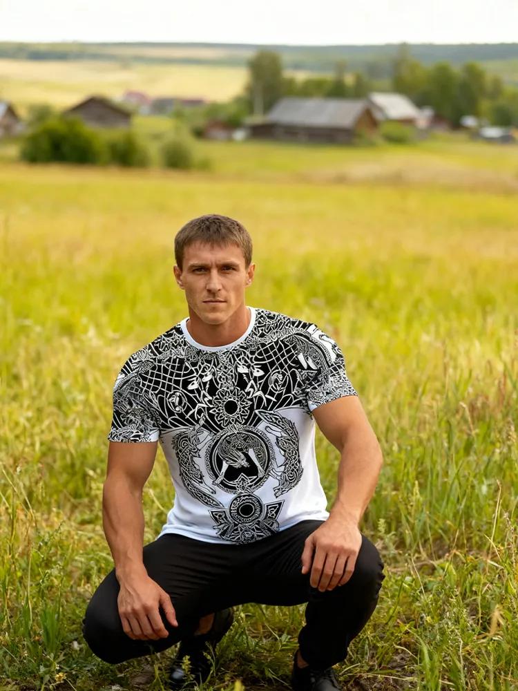 Men's Black and White Tribal Wolf Tee, Norse Mythology Inspired Knot Pattern, Breathable Short Sleeve for Street and Urban Style
