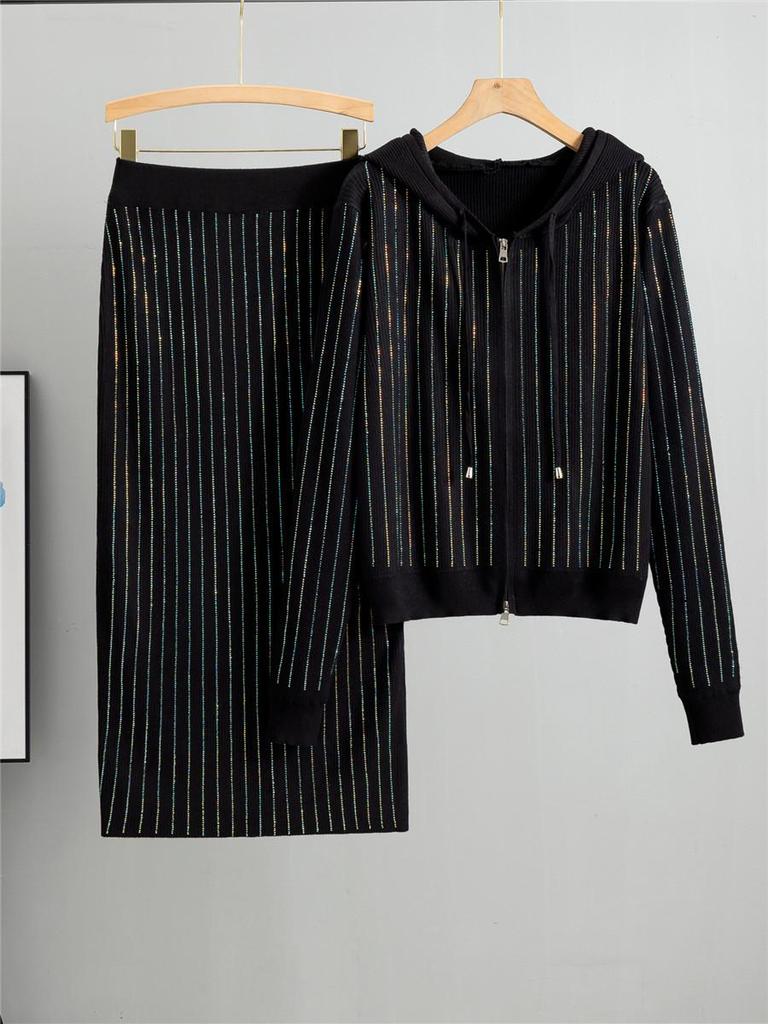 Elegant Korean Rhinestone Knit Cardigan & Skirt Set - Women's Spring/Autumn Two-Piece