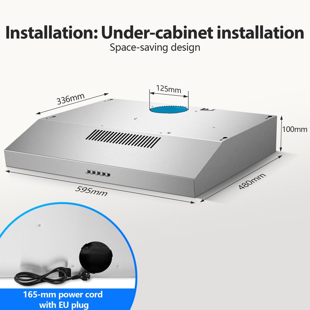 TopStrong 60cm Ducted/Ductless Range Hood, Activated Carbon Filter Stainless Steel, 3-Speed Settings