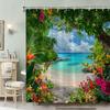 1pc Shower Curtain - Tropical Paradise with Vibrant Flowers and Ocean View Design Waterproof