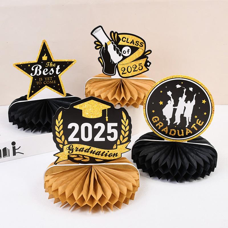 2026 Graduation Party Paper Banner Garland Hanging Spirals Gold Black Latex Balloon Class of 2026 Honeycomb Ornament Decoration
