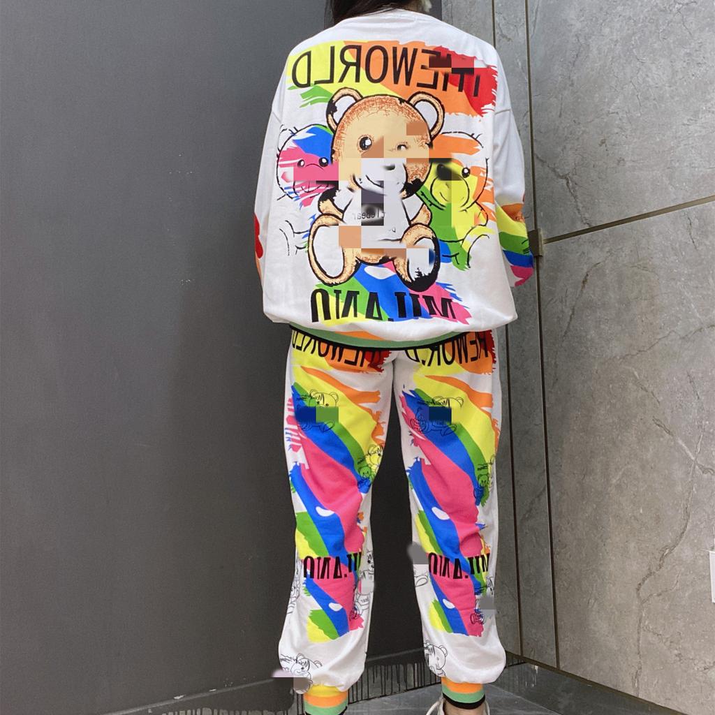 Colorful Diamonds Cartoon Bear Two Piece Sets Womens Outifits Autumn Casual White Tracksuit Tops and Long Pants Suits