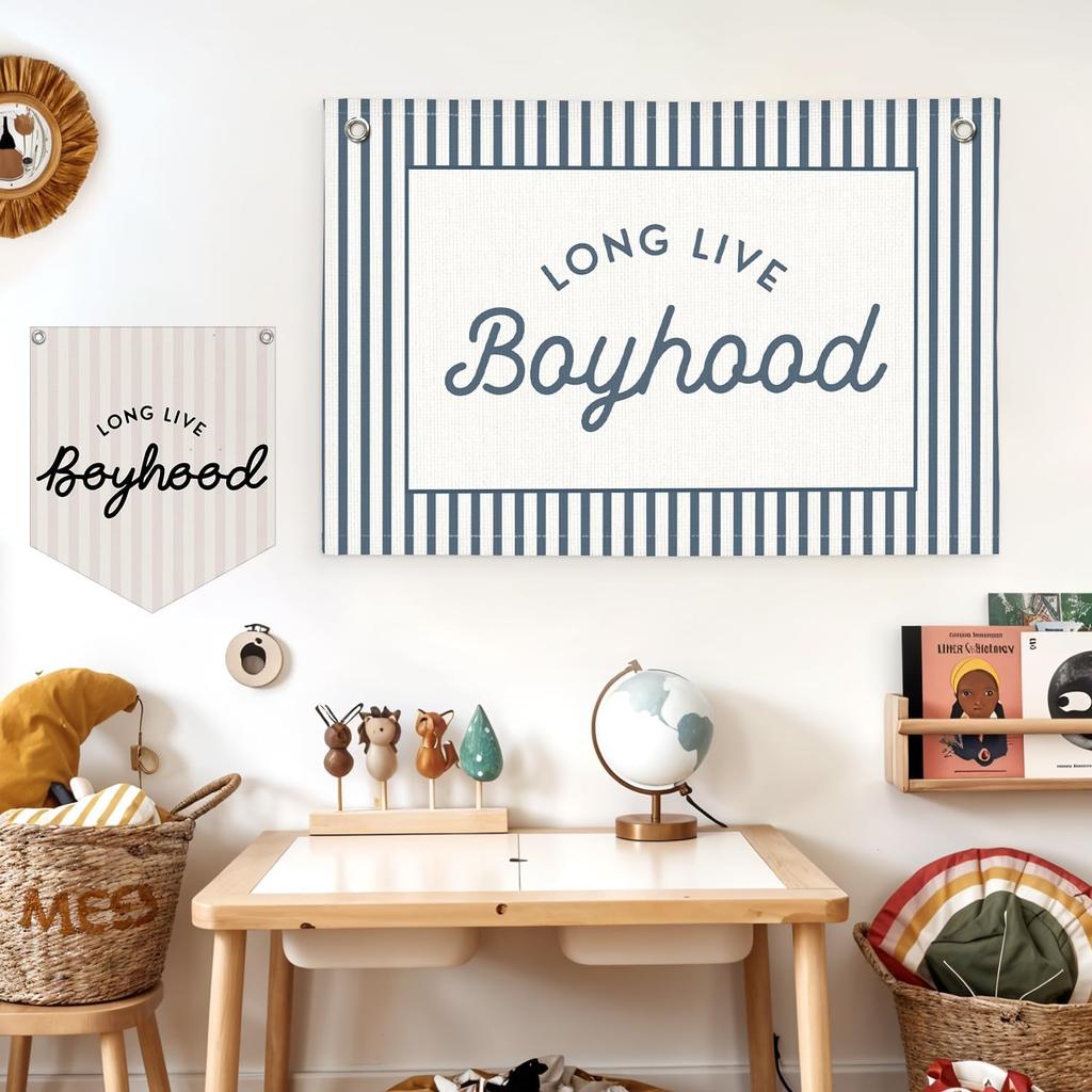 Lacama Vintage Blue Long Live Boyhood Boys Room Decor, Boy Nursery Decor, Linen Banner Wall Hanging Canvas Banner Flag Decor for Toddler Boy Room