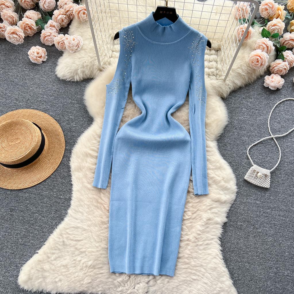 Elegante strass con spalle scoperte manica lunga maglia aderente abito tubino slim basic moda maglione vestido abbigliamento invernale sexy