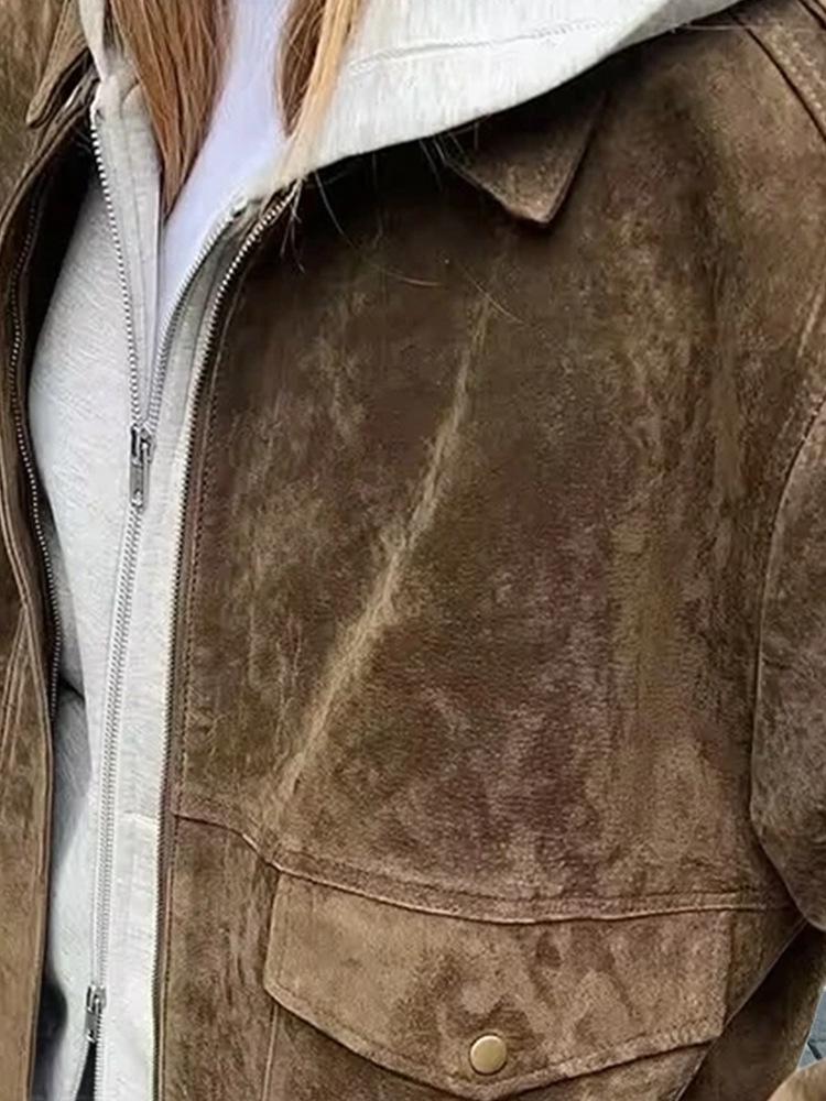 Dámská retro hnědá minimalistická bunda s klopami a zipem: High-End podzim/zima 2025 styl