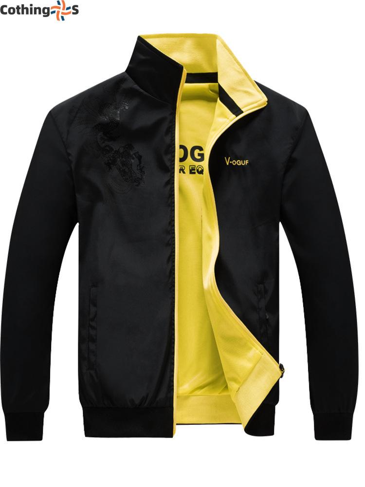 

Весна и осень Новая мужская спортивная и досуговая куртка Двусторонняя одежда Тонкая куртка с воротником-стойкой XXXXL жёлтый
