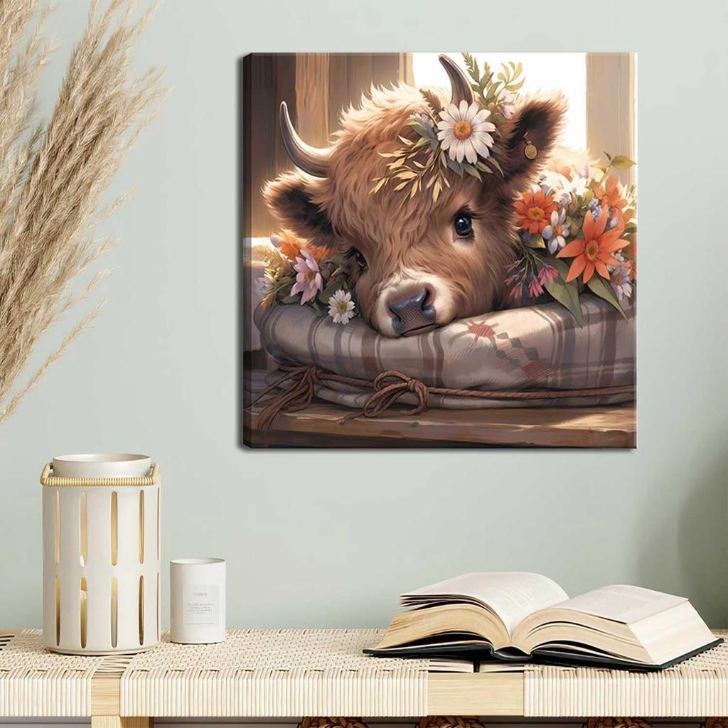 VeeFeng Cute Highland Cow Baby Canvas Wall Art Rustic Farmhouse Daisy Print Wall Decor Picture Amiable Baby Calf Poster Home Decoration Aesthetics