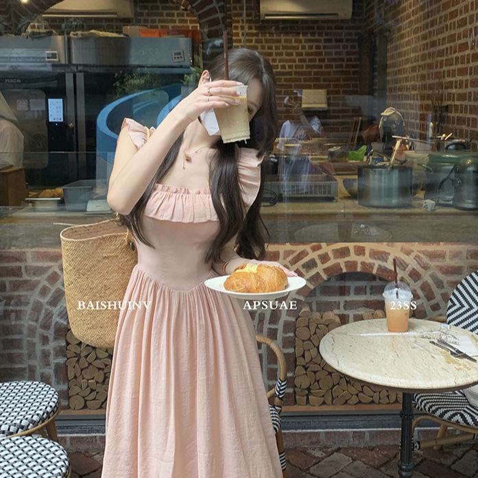 Women's Sweet Pink Ruffle Sleeve Square Neck Cinched Waist Long Dress - Summer 2026