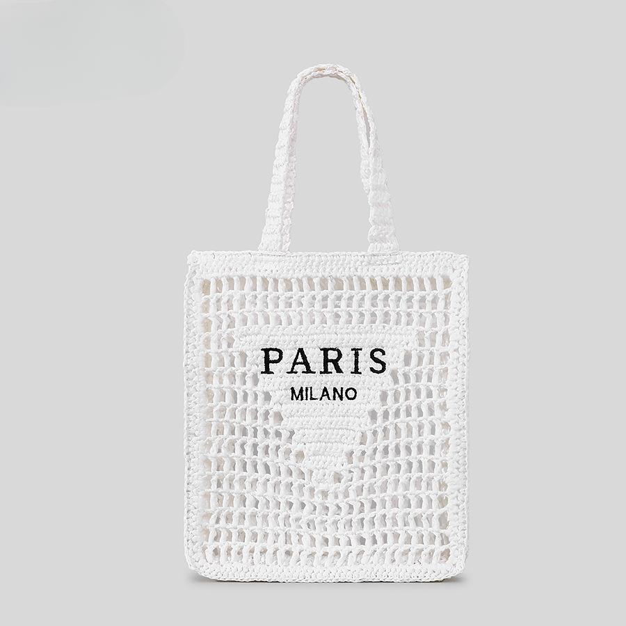 Pure Handmade Woven Handbag Women's Rustic Style Hollow Embroidery Letters Straw Bag Large Capacity Shoulder Bag