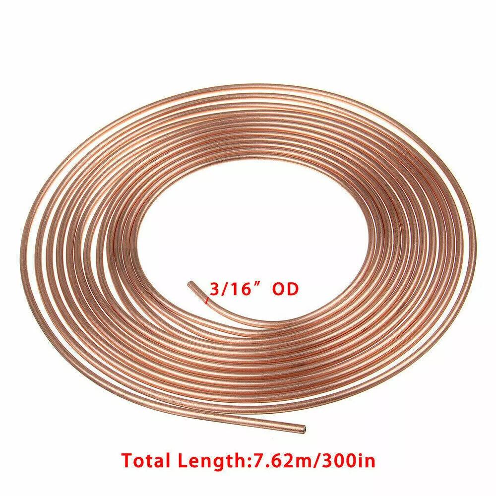 25ft 7.62m Car Roll Tube Coil of 3/16" OD Copper Brake Pipe Hose Line Piping Tube Tubing Rust-proof With 16PCS Tube Nuts