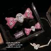 Italian Retro, Rouge Pink Bow, Gemstone Bracelet, Golden Butterfly, Colored Treasure Zircon Necklace, Set.