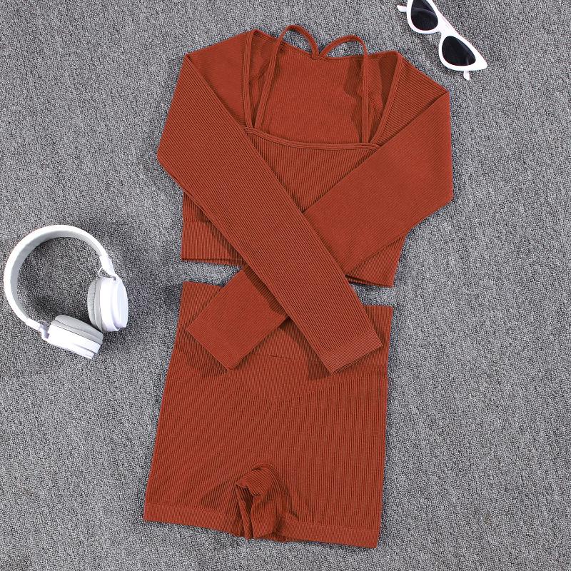 

Бесшовные шорты для фитнеса и спортзала, топы с длинными рукавами, женский спортивный костюм, узкие эластичные шорты пуш-ап, комплекты летней моды, комплект Y2K, 2 шт. L кирпич красный