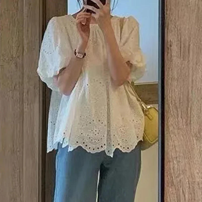 Women Summer French Style Embroidery Hollow Out Shirt White Lace Blouse for Short Puff Sleeve Tops Round Collar
