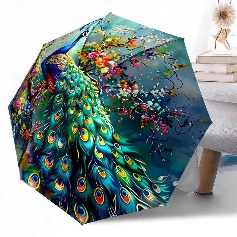 Peacock Feather Mandala Art Outdoor Automatic Umbrella Compact 8-Rib Weight Sturdy Construction Durable Everyday Carry Umbrella
