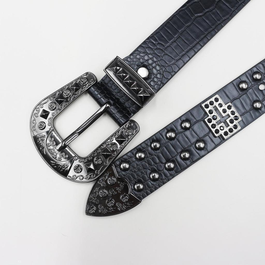 Cintura Originale Punk in Pelle con Borchie a Coccodrillo - Unisex Stile Y2K con Design a Croce Traforata