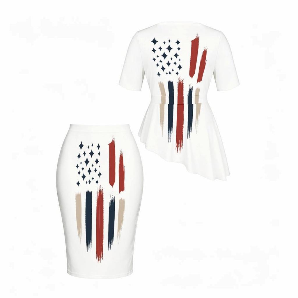 Women Plus Size White Printed Round Neck Short Sleeve Asymmetric Top Fitted Skirt Two Piece Set