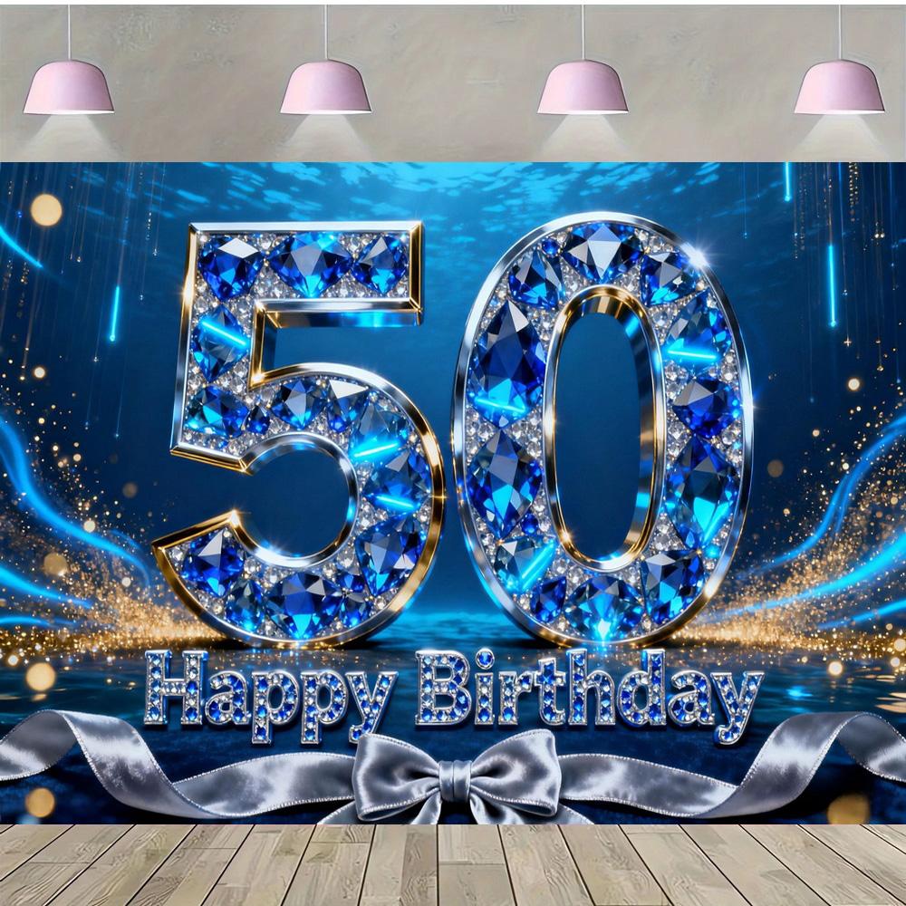 Alles Gute zum 50. Geburtstag mit Fotohintergrund zum Thema Blaue Edelsteine, Geburtstagsparty für Erwachsene, Familienfeier Dekoration Fotohintergrund