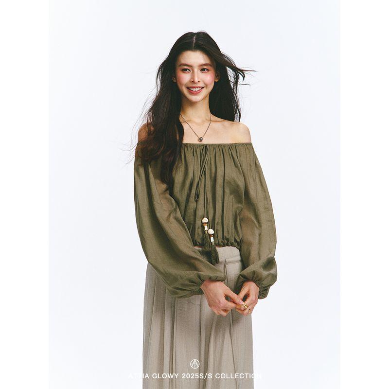 

Attia Glowy Coconut Shadow Shake Summer Late off-Shoulder Drawstring Holiday Style Lantern Sleeve Top Women Summer off-Shoulder Cover up Berry Green XS