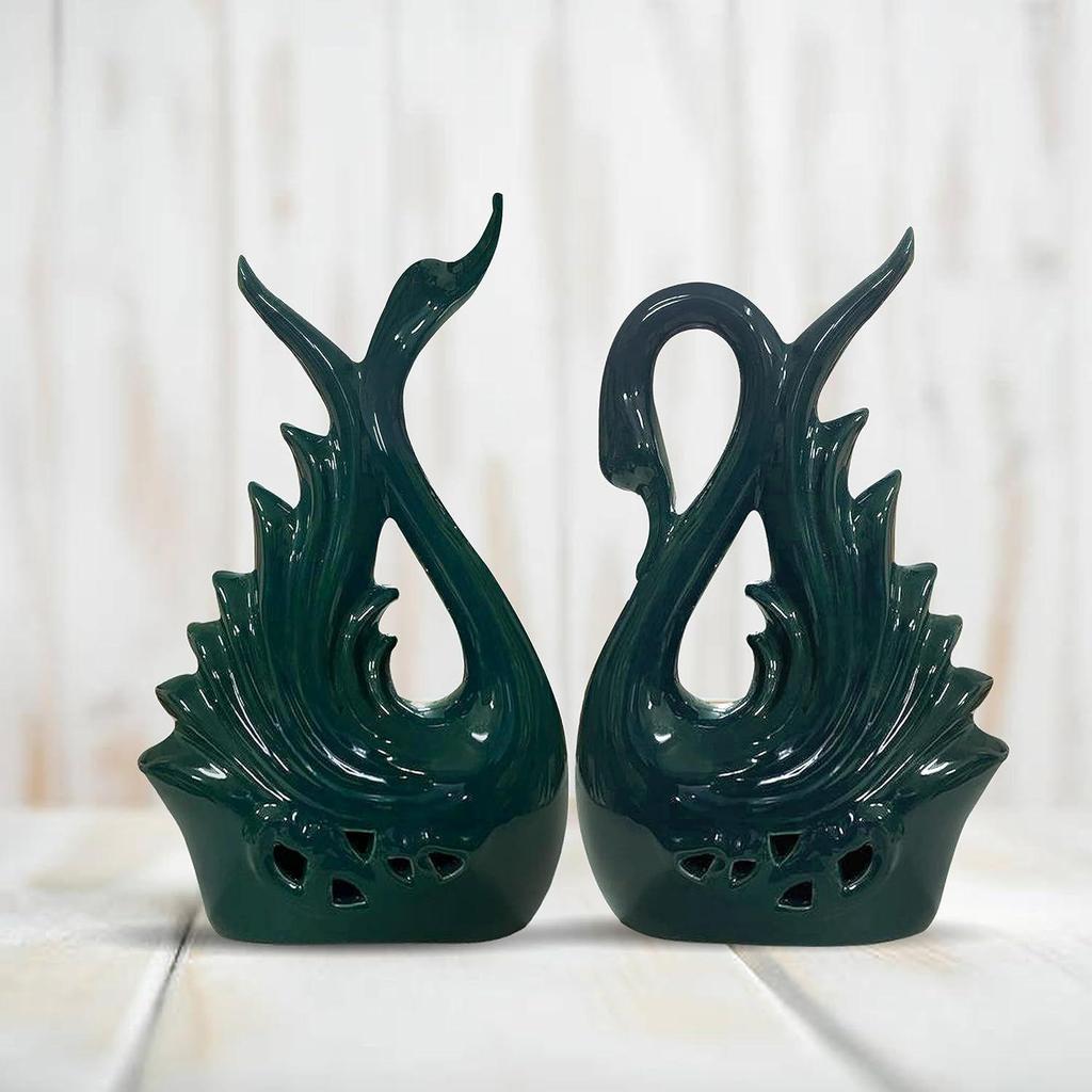 Modern Elite Swan Pair Ceramic Art Figurine | Beautiful Home Decor (Pack of 2, Green)