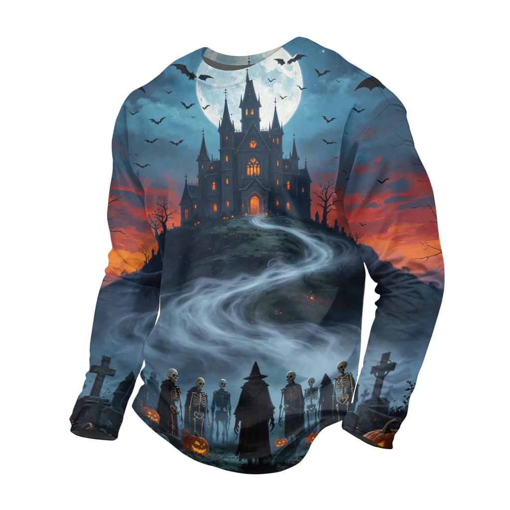 Men's Halloween Printed Long Sleeve Neck T-Shirt for Costume Party