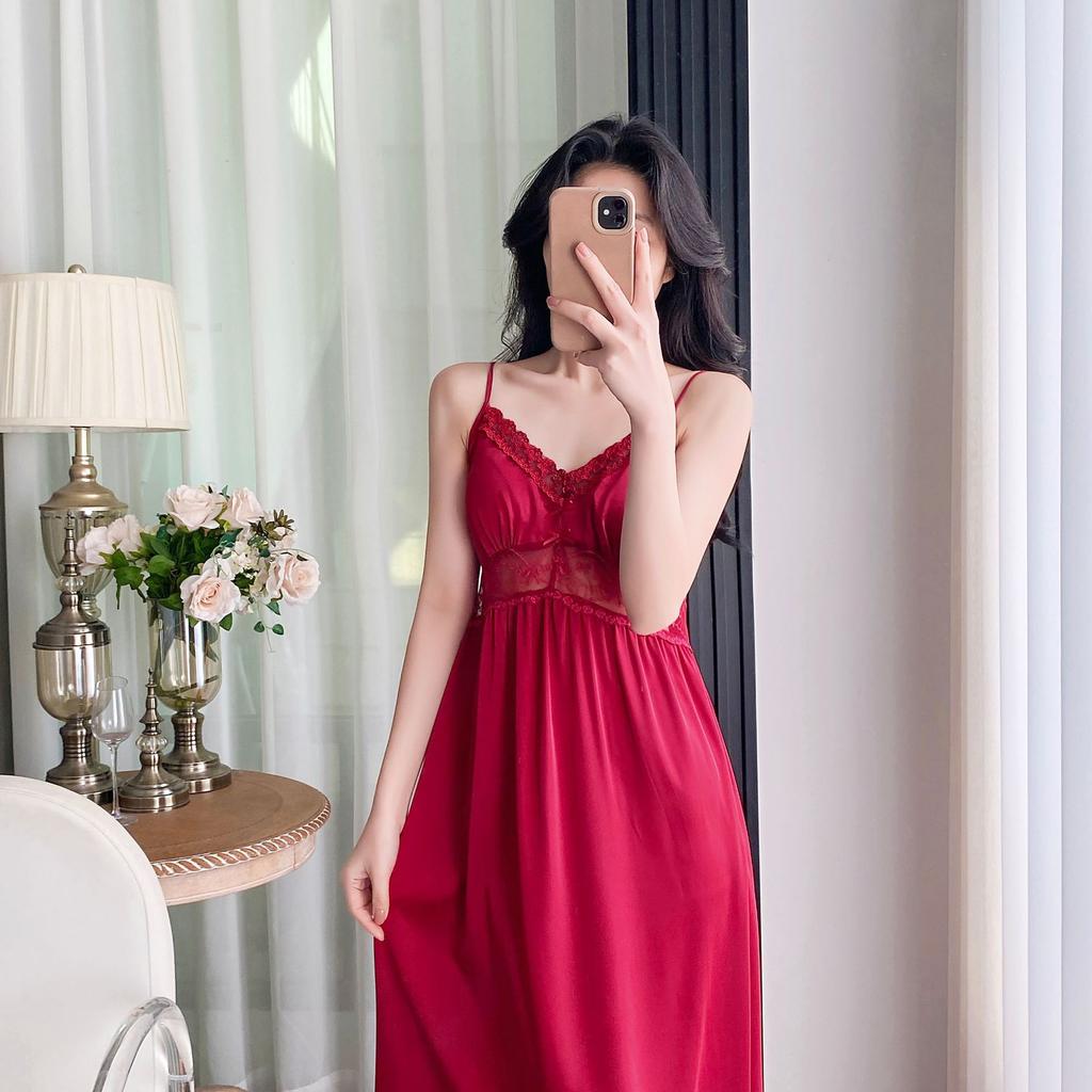 Spring and summer Japanese sweet suspender nightgown women's sexy thin suspender ice silk nightdress pure desire style nightgown long sleeves