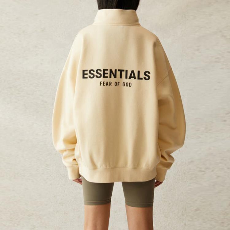 Fear of God Essentials Mockneck Half Zip Fleece Sweatshirt With Logo Print Unisex Sweatshirt Buttercream FOG-SS21-576