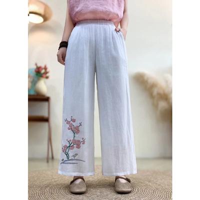 Nuovi Pantaloni Cinesi in Stile Cinese per Donna in Estate, Ricamo Elastico Stile Etnico Pantaloni Casual Ricamati Pantaloni a Gamba Larga Larghi Retro