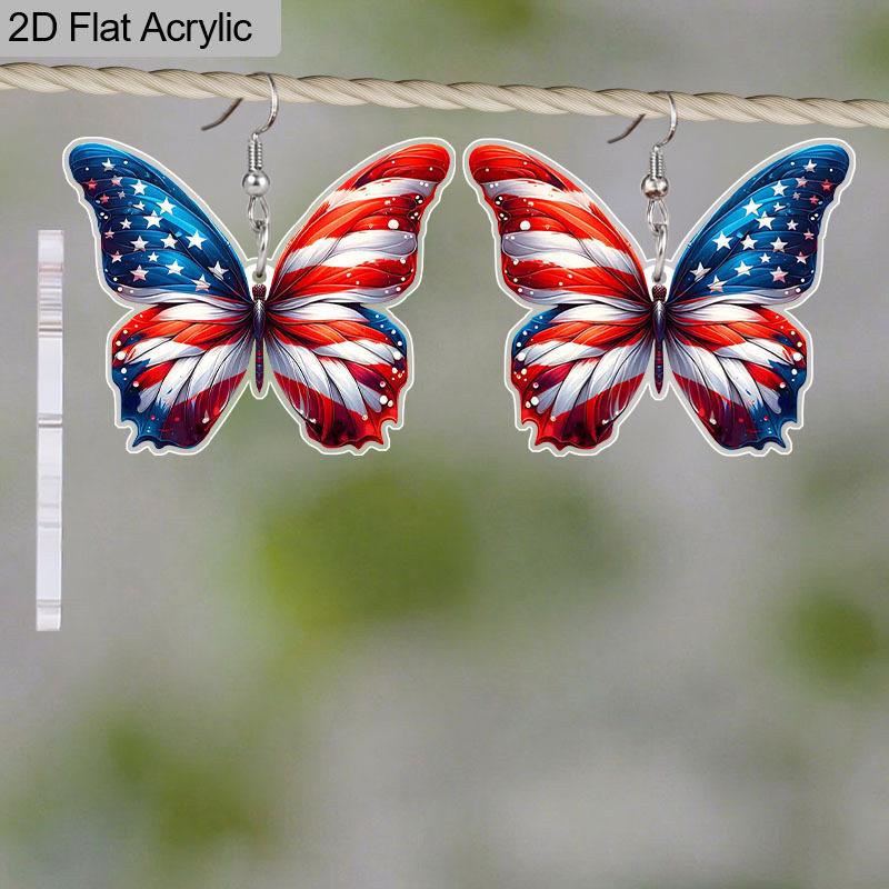 2D Flache Bunte Schmetterling Amerika Flagge Acryl Material Hängende Ohrringe Leichte Bunte Ohrringe für Damen Schmuck Geschenke