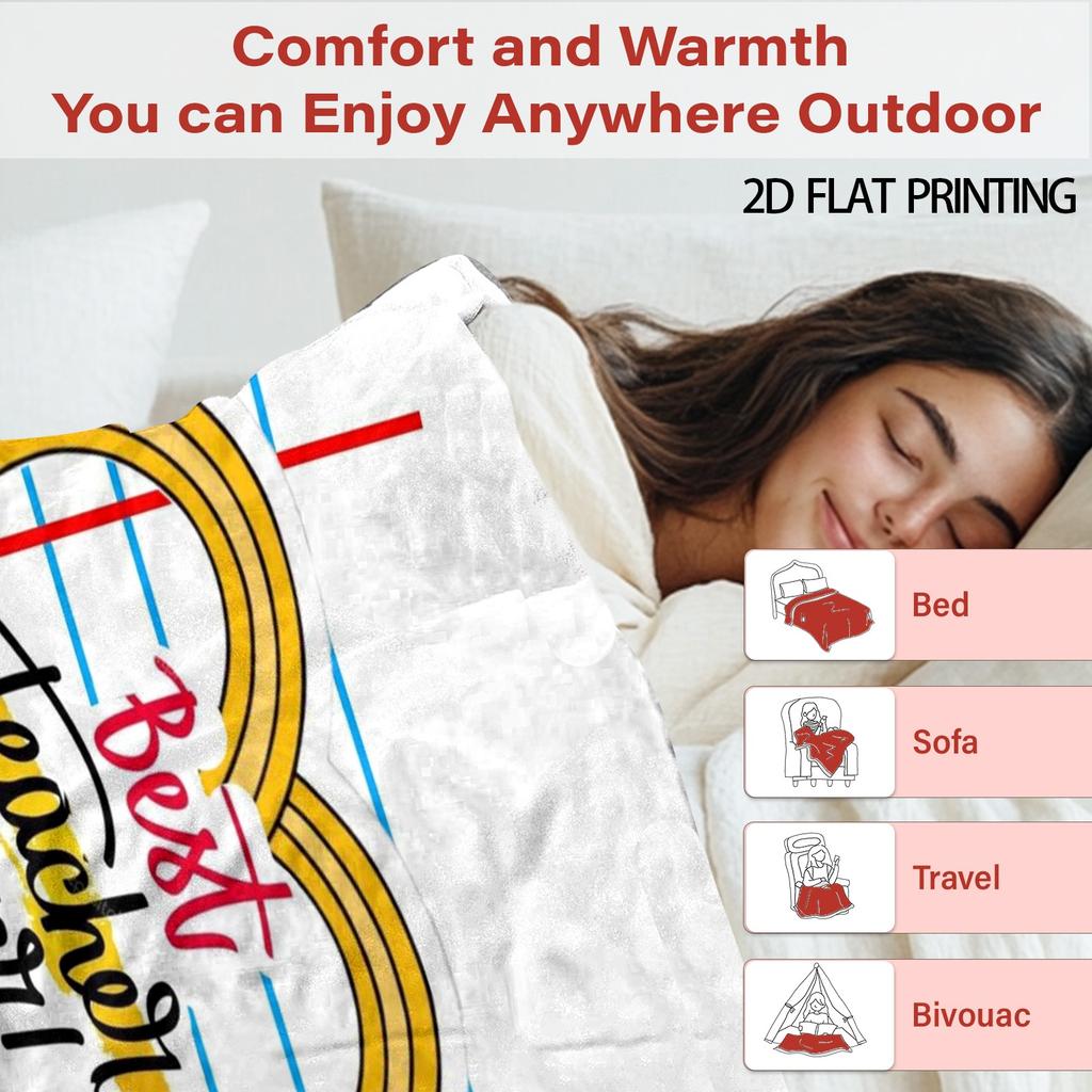 Best Teacher Ever Throw Blanket, Soft Sherpa Flannel Blanket, Pencil Heart Print Blanket for Teacher Appreciation Gift Home Sofa Bed