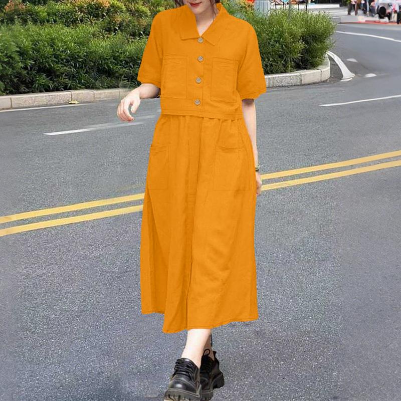 

ZANZEA Жіноча блузка з короткими рукавами та довгі спідниці, літні комплекти з двох частин